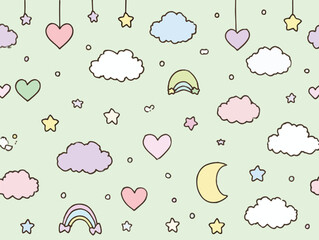 ふわふわの雲、キラキラの星、優しいハート、そして虹が描かれたパステル調の可愛らしいシームレスな背景ベクターイラストレーションは、夢やファンタジーの世界を表現するのにぴったりです。