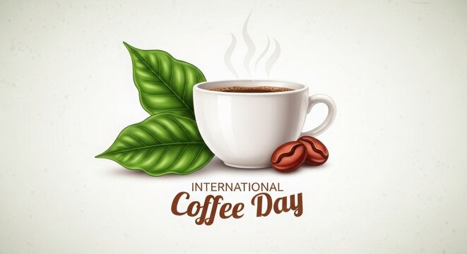 Enjoy a steaming cup of rich coffee with fresh leaves and beans, celebrating International Coffee Day's warmth - Powered by Adobe