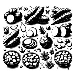 An artistic illustration of various root vegetables and spices in a monochrome drawing style image