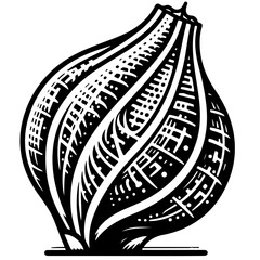 Illustration of a stylized bulbous plant with vertical segments and geometric patterns in black and white