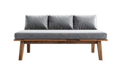 A light gray upholstered loveseat with three matching pillows rests atop a simple wooden frame against a pure black backdrop.