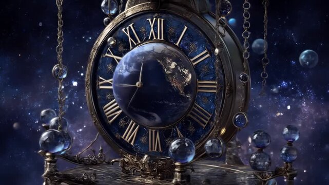 Ornate clock with roman numerals shows Earth's surface at its center, cosmic background