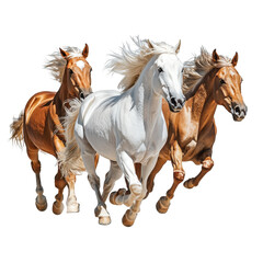 Obraz premium Three majestic horses running powerfully on black background brown white chestnut manes flowing isolated on a white background