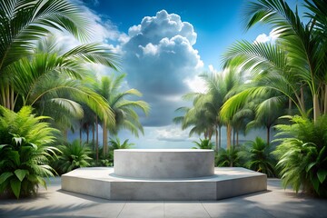Fototapeta premium Concrete podium surrounded by palm trees in a tropical garden setting