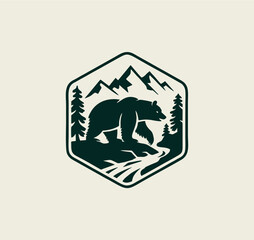 Vintage logo of Bear Vector with mountain background