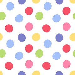 Colorful polka dot pattern background. Seamless design with red, blue, green, yellow, and pink dots on white. Perfect for fabric, wallpaper, and wrapping paper.