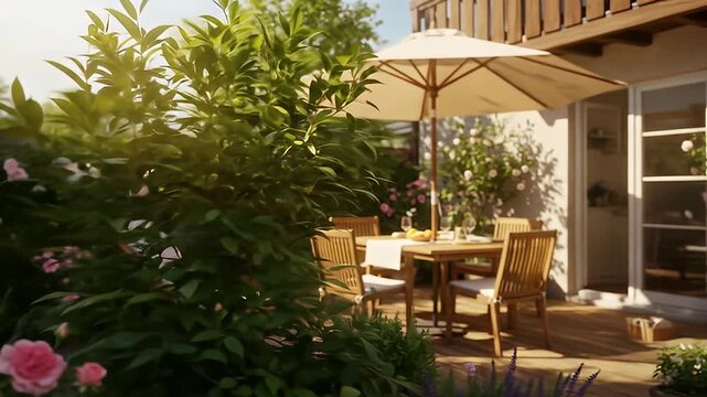 Outdoor dining set on a wooden deck with lush greenery and a sunny patio view