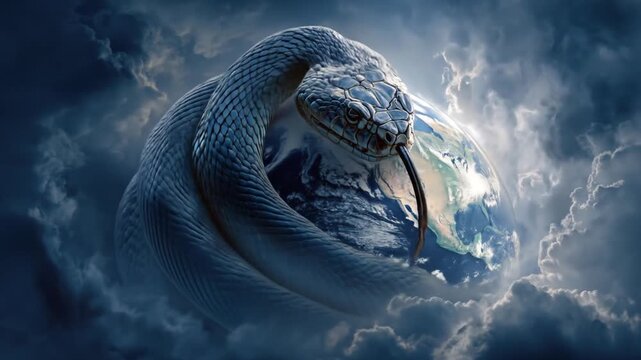 A coiled, scaled snake encircles a swirling earth globe against a cloudy backdrop