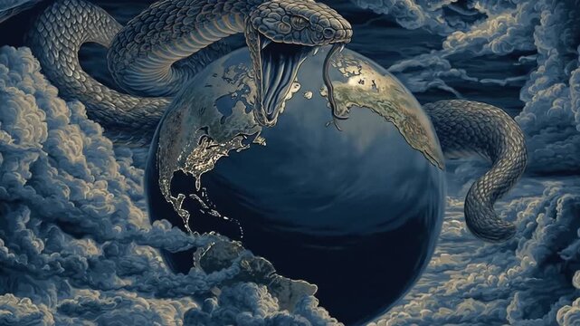 Enormous snake coils around the Earth amid puffy, stylized clouds with an open mouth