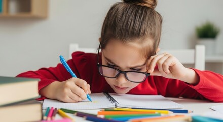 Focused young student diligently writing and studying at home, wearing glasses with studious concentration
