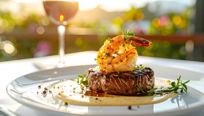 Elegant surf and turf plating: grilled filet mignon topped with seasoned shrimp, served with wine in bright sunlight.
