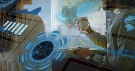 Colleagues studying technology holographic data fading on cafe counter while man aligning latte rim - Powered by Adobe