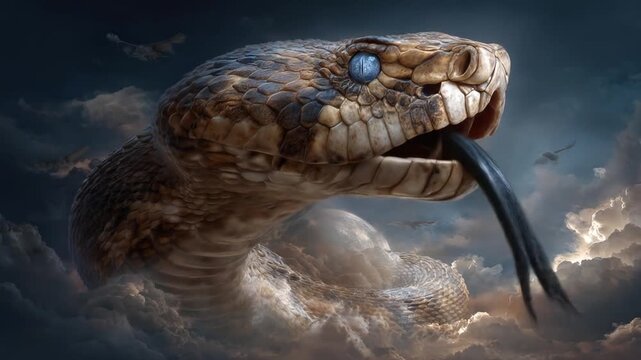 Towering snake emerges from the clouds, tongue flicking, with birds flying in the sky