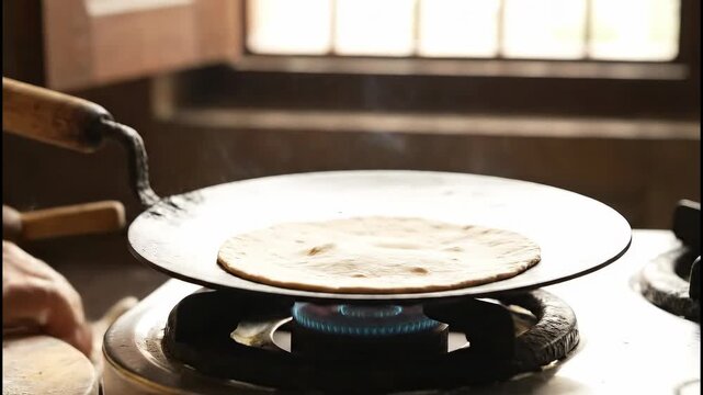 Making Indian flatbread roti on a hot plate.