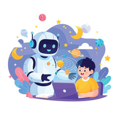 Boy learning about space with a robot tutor using a laptop in a colorful cartoon illustration