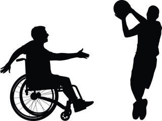 Inclusive basketball silhouette, wheelchair athlete, jumping player, sports diversity, active pose, teamwork, accessibility, dynamic motion, flat vector illustration, black design