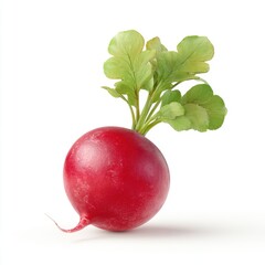 Vibrant Red Radish with Green Leaves on White Background