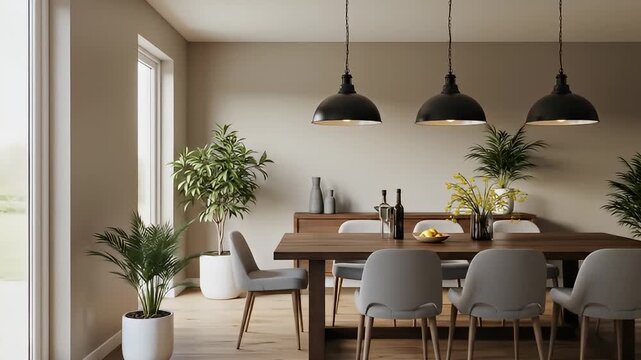 A dining room with dark wood table, six chairs, and three dome lights