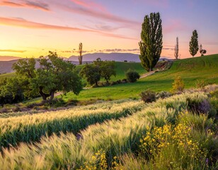 Serene Sunrise Over Rolling Hills and Golden Fields