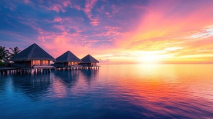 Picturesque overwater bungalows with thatched roofs,  on blurred background