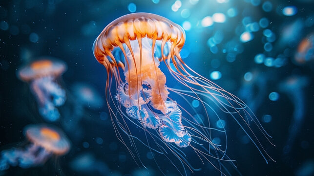 Mesmerizing jellyfish floating gracefully in the deep blue ocean with sunlight shining through - Powered by Adobe