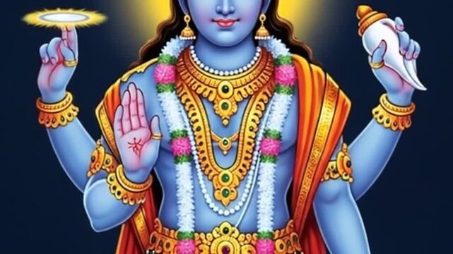 Divine Illustration of Lord Vishnu: The Preserver of the Universe Adorned in Gold and Orange Attire, Holding the Conch, Discus, Mace, and Lotus
