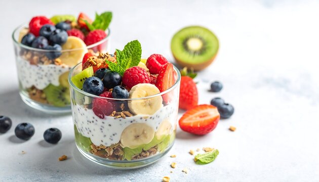 Two parfaits layered with yogurt, granola, chia seeds, and assorted berries and kiwi - Powered by Adobe