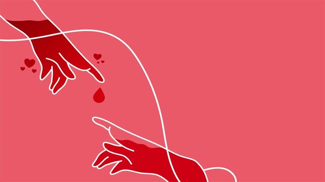 Red background hands reaching donation concept minimal line art