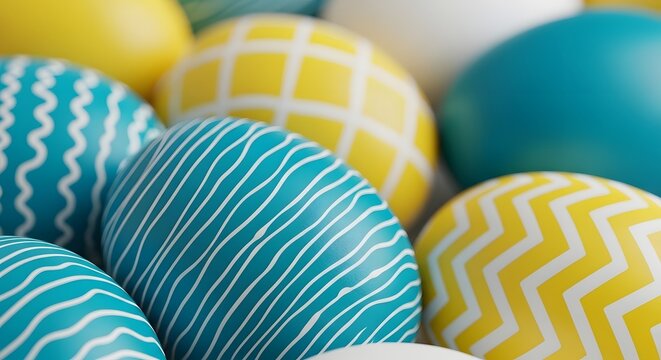Close up of easter eggs with yellow and blue designs for easter holiday celebration theme use