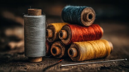 Colorful threads on wooden surface