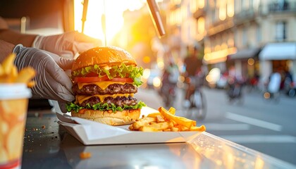 Chef's gloved hands serving a huge double cheeseburger and french fries from a street food truck counter at sunset.