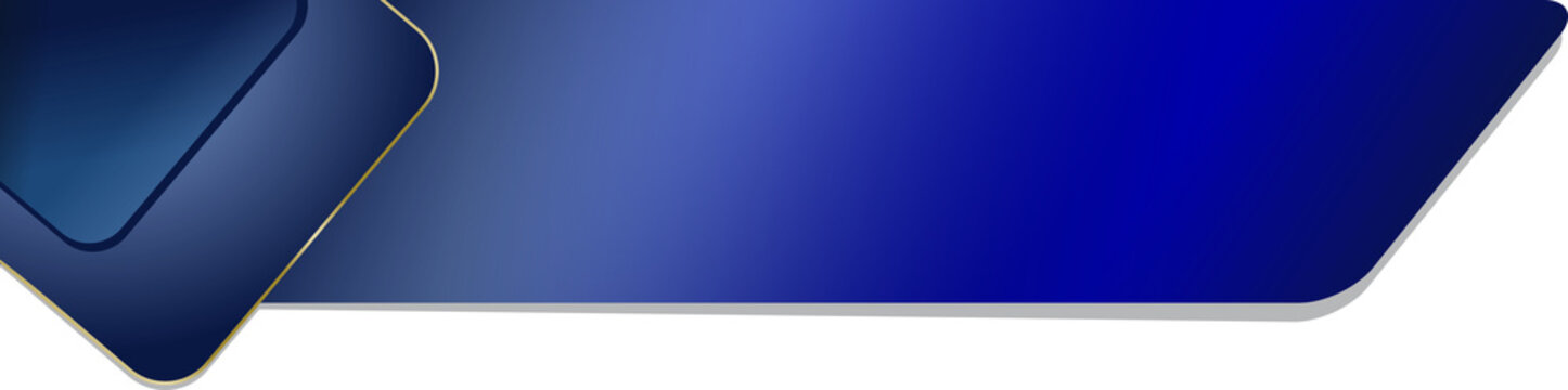 modern title label with blue graphic shape and gold trim