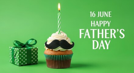 Celebrate Father's Day with a festive cupcake, gift box, and heartfelt message on vibrant green