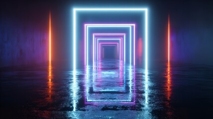 Neon Square Tunnel with Red and Blue Light on Dark Reflective Floor