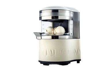 Modern Ice Cream Maker Churning Creamy Dessert on white background