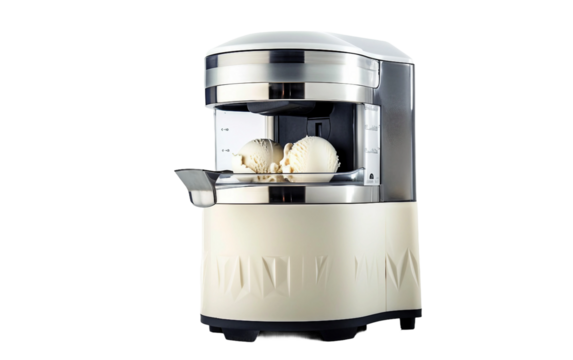 Modern Ice Cream Maker Churning Creamy Dessert on white background