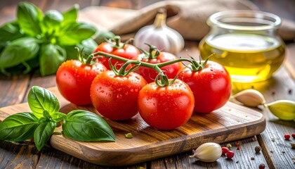 Fresh vine-ripened red tomatoes on a stem, resting on a wooden cutting board with basil, olive oil, and garlic cloves, ready for cooking.