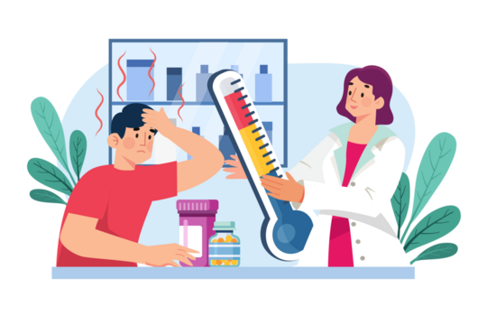 Sick Man with High Fever Consults Doctor Holding Large Thermometer in Medical Setting with Transparent Background