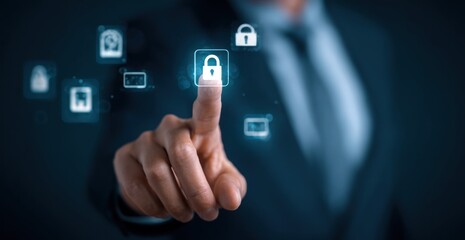 A person's finger touches a digital lock icon, symbolizing security and digital access control in a dark, professional environment.