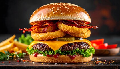 Massive loaded bacon cheeseburger stacked high with onion rings, lettuce, pickles, and sesame seed bun, with fries on the side.