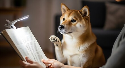 Dog Reading a Book with a Lamp.
