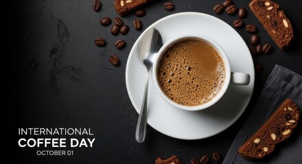 Savor the rich aroma and taste of a perfectly brewed coffee, celebrating International Coffee Day with biscotti.