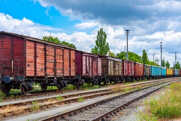 Obraz premium Row of colorful old freight train cars on railway tracks