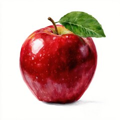 Watercolor Red Apple with Green Leaf on White Background