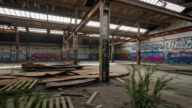 Urban Decay Abandoned Warehouse Interior with Graffiti and Rust, Lit by Skylights, Featuring Distressed Materials and Industrial Architecture
