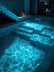 Obraz premium Indoor swimming pool illuminated with blue underwater lighting in modern luxury home with stairs and large