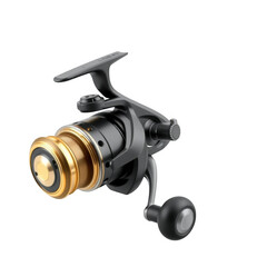 Close up of a black and gold fishing reel with a black handle against a solid black background