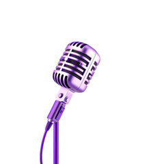 Vintage retro microphone on a stand illuminated by purple light against a dark background