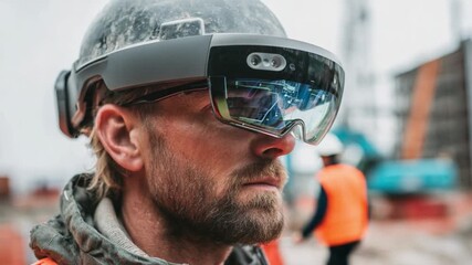 Visionary in Construction: A determined construction worker, donning a high-tech augmented reality headset, stands at the epicenter of innovation on a bustling construction site. - Powered by Adobe