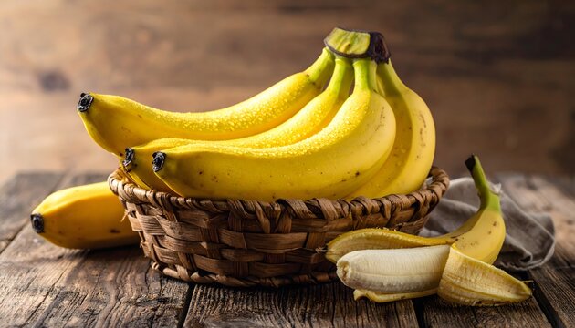 Ripe bunch of yellow bananas in a woven basket on a rustic wooden table with one peeled banana ready to eat.